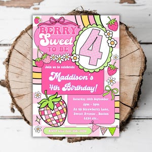 Printable Strawberry 4th birthday invitation Berry fourth editable girls spring garden party berry sweet turning four evite template L7