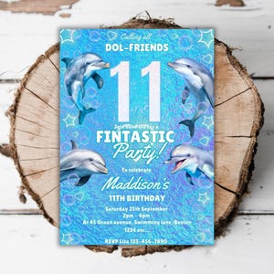 Printable Dolphin 11th birthday invitation girls under the sea dolphin editable pool party turning eleven fintastic fish evite template J2