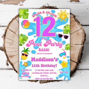 Printable Pool party 12th birthday invitation waterpark editable girls 12th birthday beach summer pool party turning twelve template K7