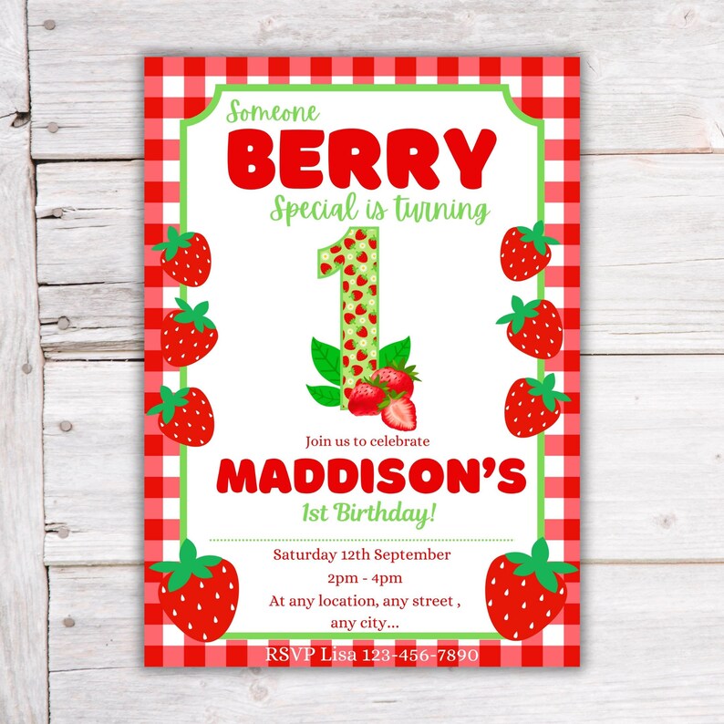 Printable Strawberry 1st Birthday Invitation Editable Berry First Girl ...