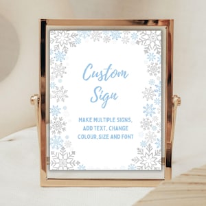 Modelo de placa de festa de aniversário personalizada para impressão de floco de neve de inverno, placa de mesa, decoração de festa de inverno editável, presentes e cartões, placa I2