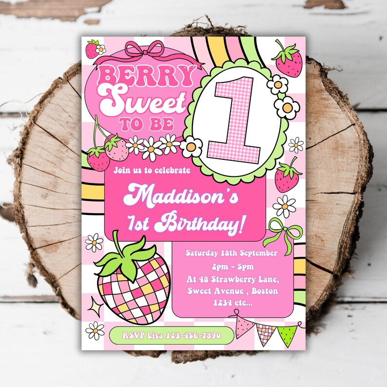 Printable Strawberry 1st Birthday Invitation Berry First Editable Girls ...