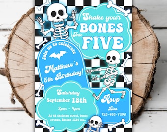 Printable Halloween 5th birthday invitation boys spooky five skeleton editable groovy fall shake your bones turning five evite template 13