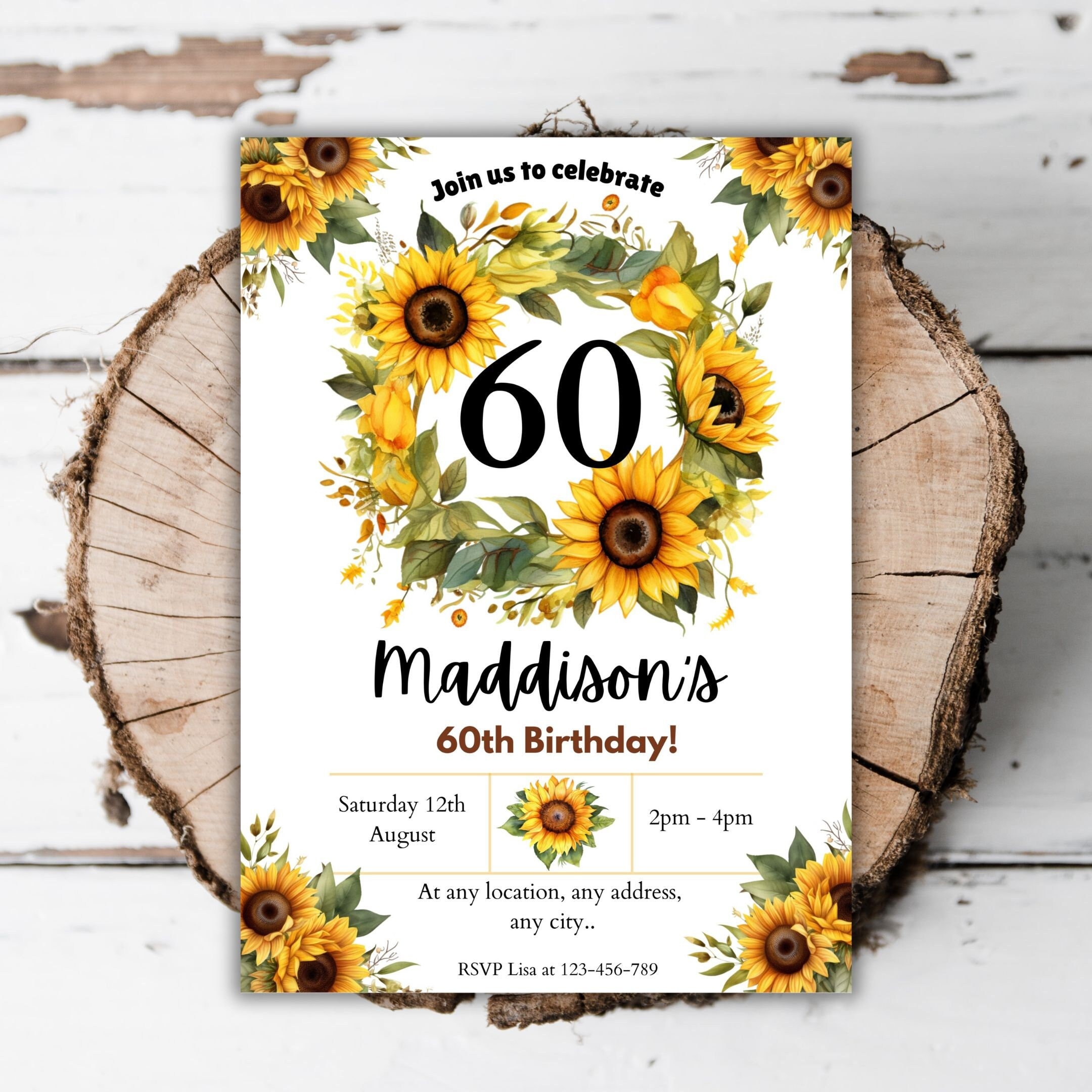 Printable Sunflower 60th Birthday Invitation Editable Rustic Flower