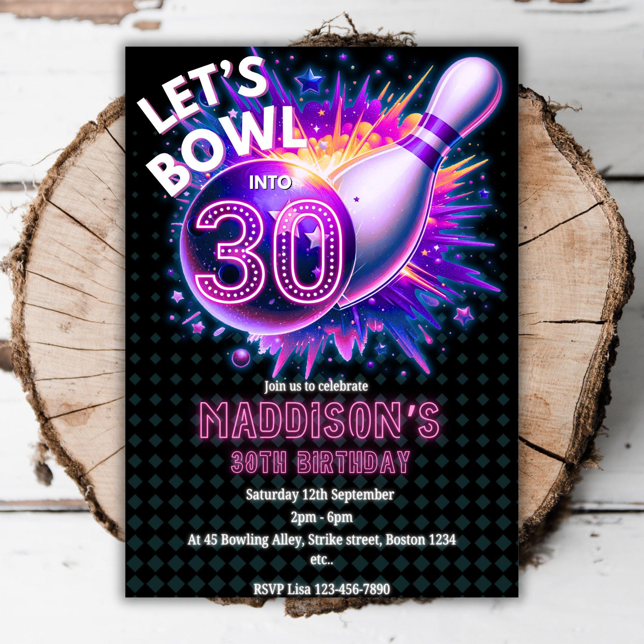 Printable Neon bowling women’s 30th birthday invitation glow editable strike up some fun turning thirty arcade bowl adult evite template H8