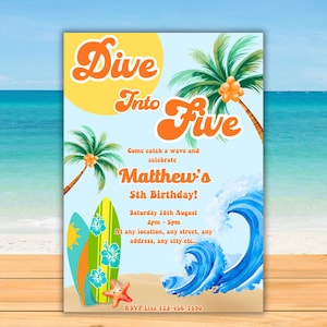 Printable Retro Dive into five boys invitation Surfing editable Boys 5th birthday swimming tropical turning five beach evite template F3