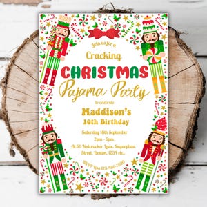 May include: A Christmas pajama party invitation with a white background and a gold, red, and green border. The invitation features a cartoon nutcracker and candy cane designs. The text reads "Join us for a Cracking Christmas Pajama Party to celebrate Maddison's 10th Birthday Saturday 18th September 2pm-5pm At 56 Nutcracker Lane, Sugarplum Street, Boston, 1234 etc.. RSVP Lisa 123-456-7890".