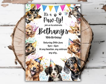 May include: A colorful birthday party invitation with the text "It's a Paw-ty!" and "Bethany's 10th Birthday!" surrounded by watercolor illustrations of dogs wearing party hats. The invitation includes the date, time, and location.