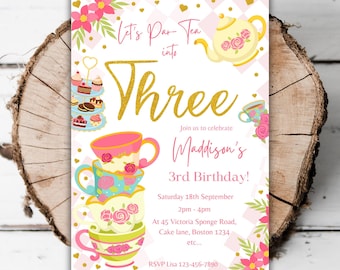 Invitación para fiesta de té imprimible, fiesta de tercer cumpleaños, té de la tarde, fiesta de té editable para niñas de tercer cumpleaños, plantilla de invitación de cumpleaños floral dorada J6