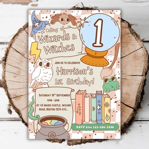Printable magical wizard 1st birthday invitation boys girls birthday witches sorcerer editable turning one magic castle evite template 69