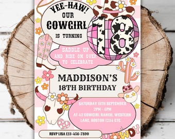 Invitación imprimible para el cumpleaños número 18 de vaquera, para niñas, estilo salvaje oeste, rodeo, editable, retro, genial, para adolescentes que cumplen dieciocho años, plantilla para Evita I5