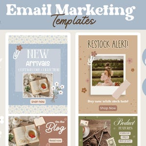Può includere: Modelli digitali di email marketing con motivi floreali e tenui toni della terra. La grafica include testo come Email Marketing Templates, New Arrivals, Restock Alert e Product Features. Questi layout sono progettati per essere personalizzati in Canva.