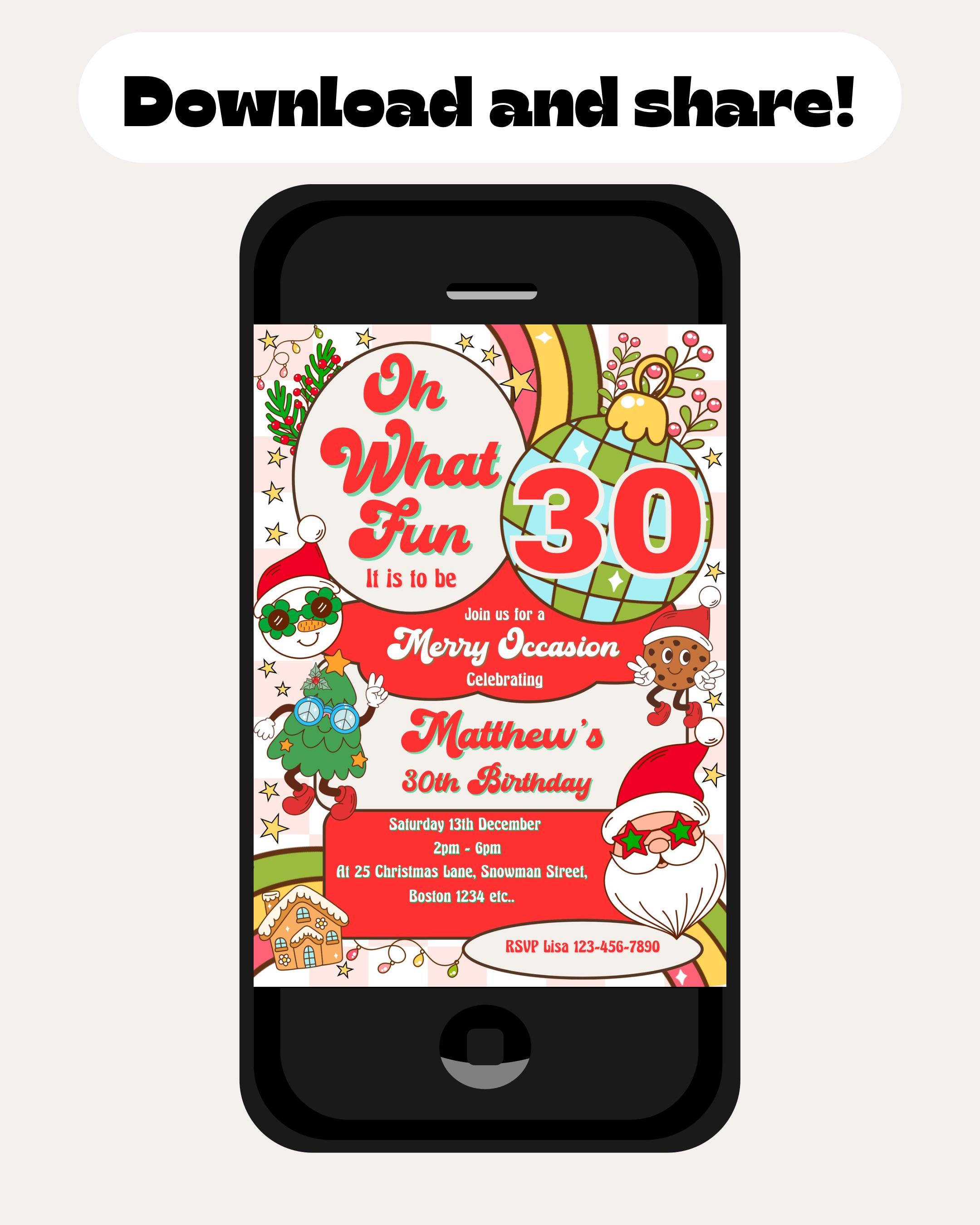 Printable Christmas 30th Birthday Invitation Mens Retro Oh What Fun Printable Christmas 30th Birthday Invitation Mens Retro Oh What Fun