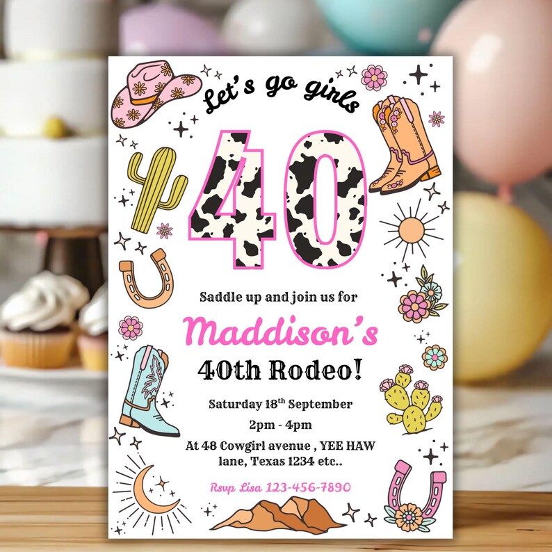 Printable Cowgirl 40th Birthday Invitation Women’s Wild West Rodeo ...