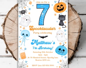 May include: A Halloween-themed birthday party invitation featuring a blue number 7, a jack-o'-lantern, a black cat, and ghosts. The invitation reads "Spooktacular" and includes party details for Matthew's 7th birthday.