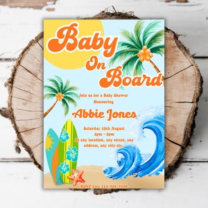 Printable Retro Beach Baby on board invitation Surfing surfboard editable Beach baby shower invite tropical surf baby evite template F3