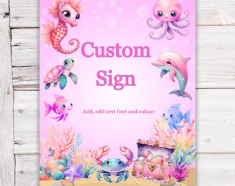 Printable Pink Under the sea custom Birthday party sign template Ocean Table top sign personalised sign gifts and cards sign party favors B4