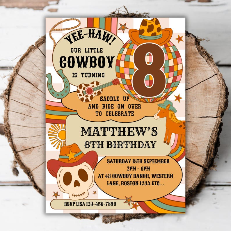 Printable Cowboy 8th Birthday Invitation Boys Wild West Rodeo Editable ...