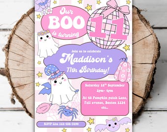 May include: A pink and purple Halloween-themed birthday invitation with the text "Our BOO is turning" and "Maddison's 11th Birthday!". The invitation features cartoon ghosts, stars, a spider, and a bat. RSVP information is included.
