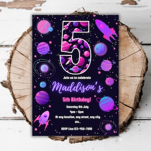 Imprimible Glow Outer Space invitación de fiesta de cumpleaños rosa plantilla editable cósmica de neón niñas 5to espacio de cumpleaños girando Cinco evite A3