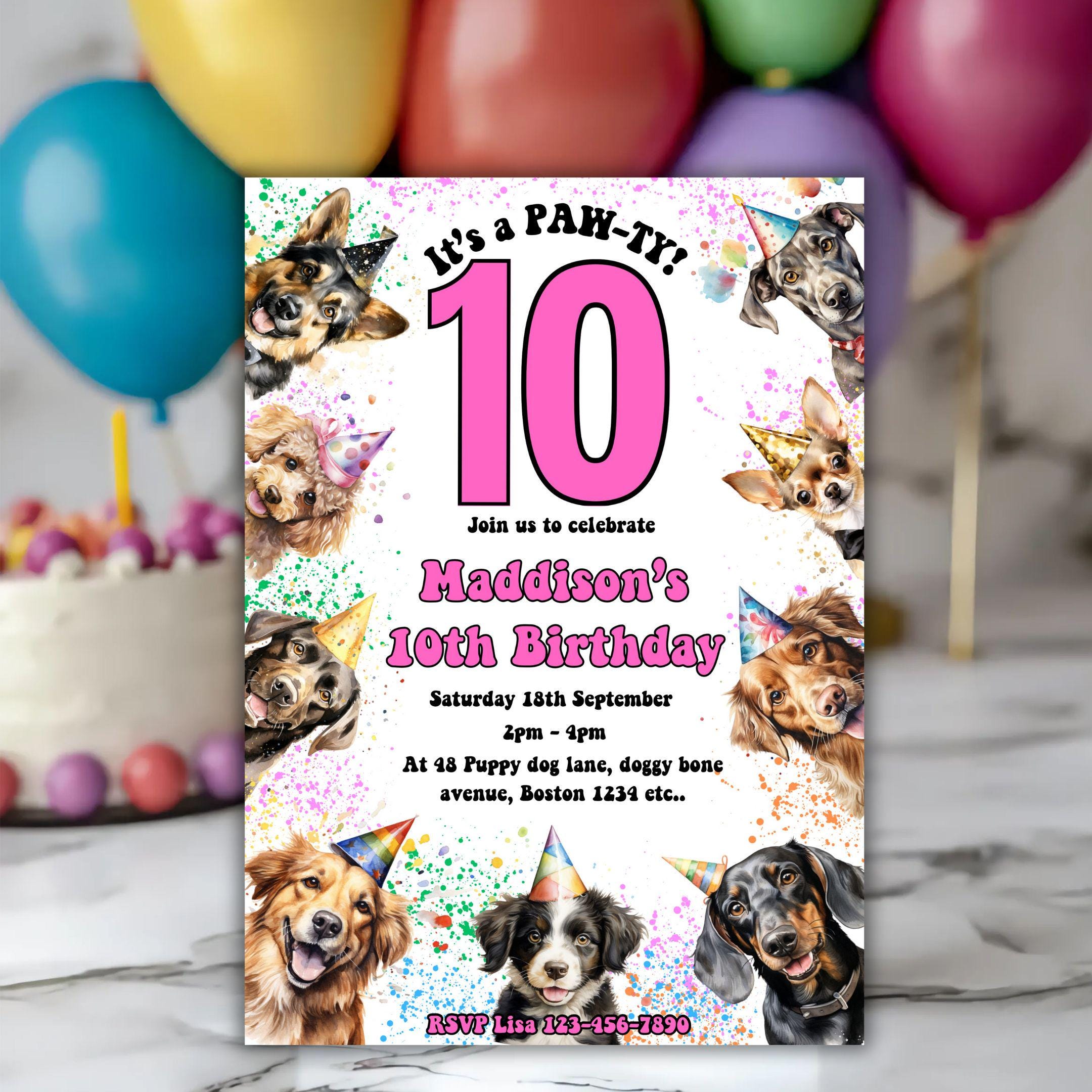 WUAWN 'Let's Pawty!' Hunde-Geburtstagseinladungen – 20 Karten Mit Umschlägen & Rosa Fliege
