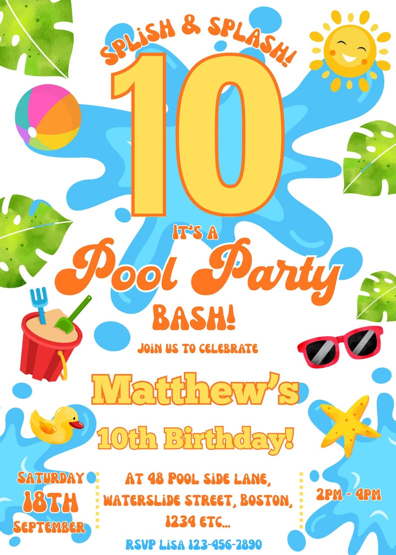 Printable Pool Party 10th Birthday Invitation Waterpark Editable Boys ...