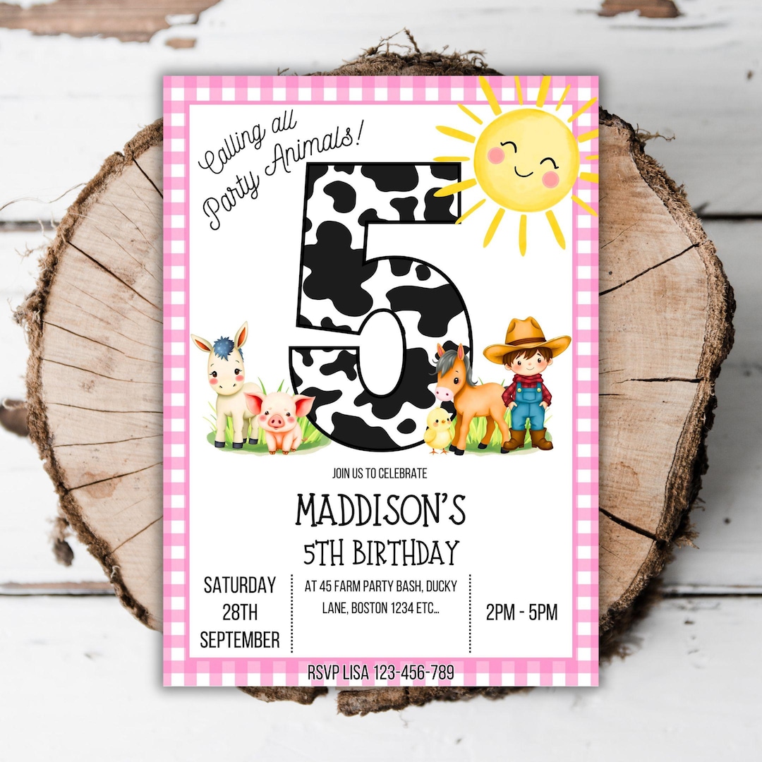 Printable Farm 5th Birthday Party Invitation Party Animals Editable ...