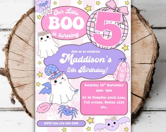 May include: A pink and purple Halloween-themed birthday party invitation. The invitation features the text "Our Little BOO is turning" and "Maddison's 5th Birthday!" with cute ghost and bat illustrations. The invitation includes event details.