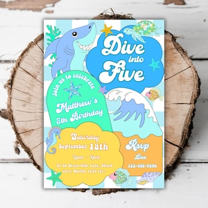 Printable Under the sea 5th birthday invitation shark pool party editable boys ocean animals Dive into five sealife evite template L4