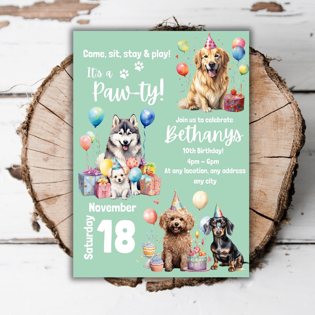 Printable Dog Puppy Birthday Party Invitation Pawty Sage Green Invite ...