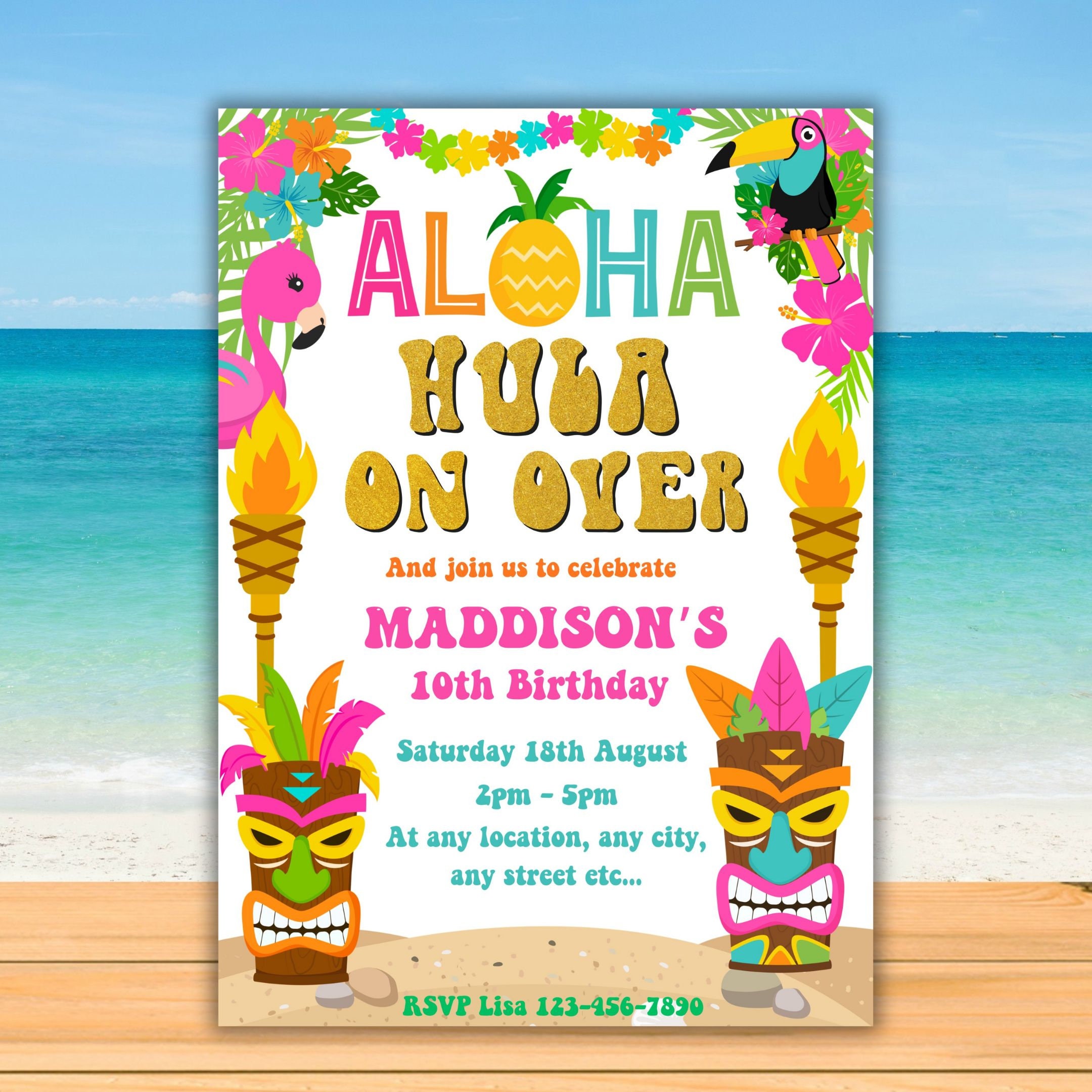 Printable Hawaiian Luau Girls Birthday Invitation Tropical Tiki Pool ...
