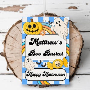 Druckbare Halloween Boo Korb Tag bearbeitbare Jungen Retro-Trick-or-Treat-Tag groovy gruselige personalisierte Kürbis-Geist-Tag-Vorlage
