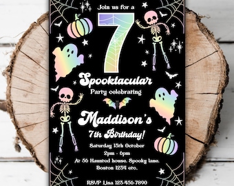 May include: A black and white invitation with a rainbow iridescent design. The invitation is for a 7th birthday party for Maddison. The invitation features a skeleton, a ghost, a pumpkin, and bats. The text on the invitation reads "Join us for a 7 Spooktacular Party celebrating Maddison's 7th Birthday! Saturday 13th October 2pm - 6pm At 56 Haunted house. Spooky lane. Boston 1234 etc... RSVP Lisa 123-456-7890"
