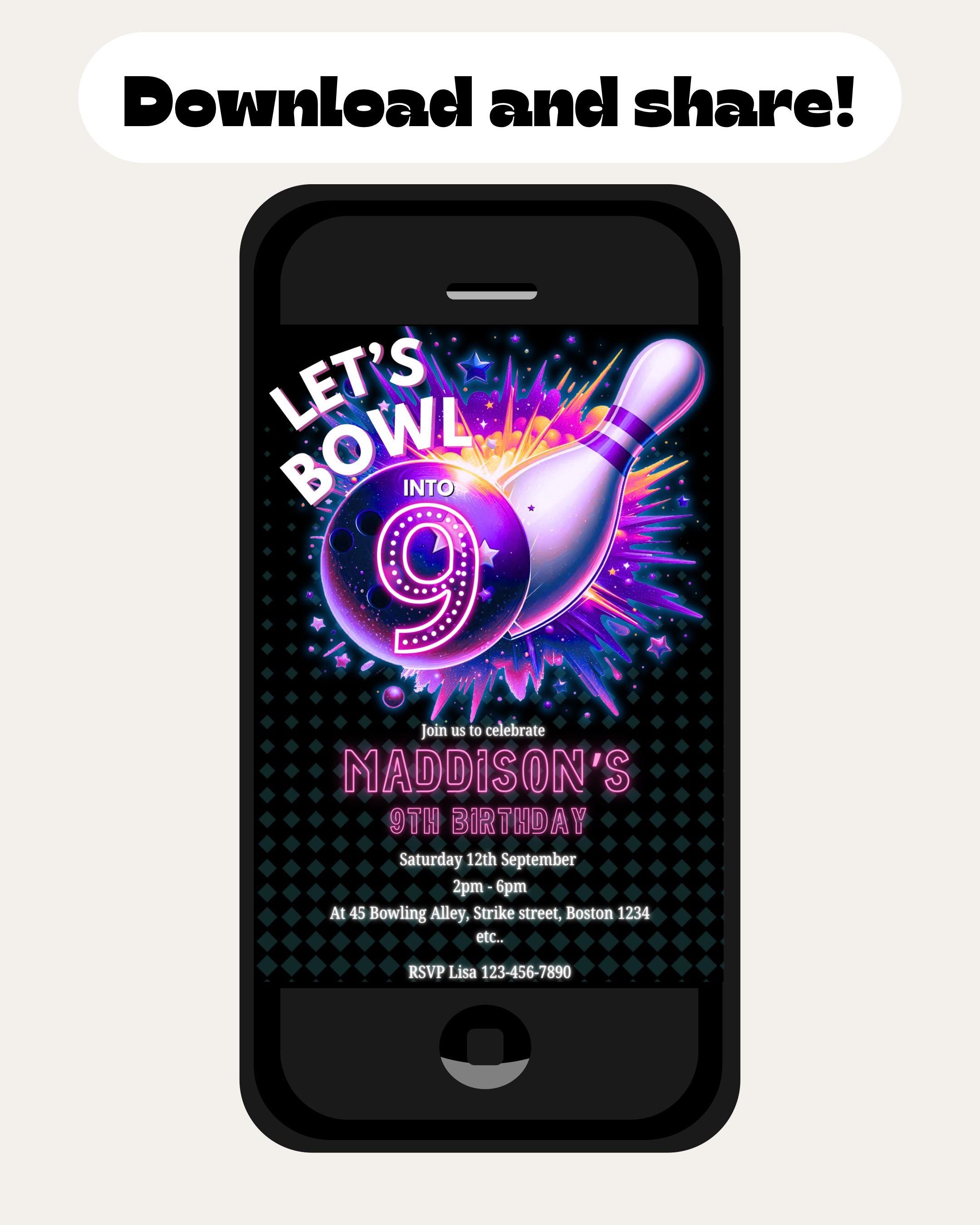 12 Biglietti D'Invito Per 9° Compleanno A Tema Bowling - Ragazze E Ragazzi - Stampati In Germania Con Vernice UV