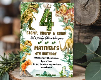 May include: Dinosaur-themed birthday invitation featuring a green number 4, various dinosaur illustrations, and the text "STOMP, CHOMP & ROAR! Let's party like a Dinosaur." The invitation includes details for Matthew's 4th birthday.