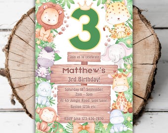 Modèle imprimable d'invitation de fête d'anniversaire pour le 3e anniversaire de safari dans la jungle pour garçons, fête des animaux aquarelles Wild trois Evite modifiable pour le 3e anniversaire 19 ans