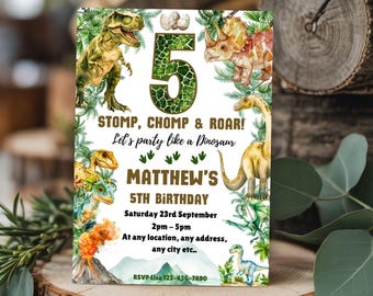 Printable Dinosaur 5th birthday invitation Dino boys 5th editable Jurassic turning five T. rex prehistoric realistic Fifth evite template E1