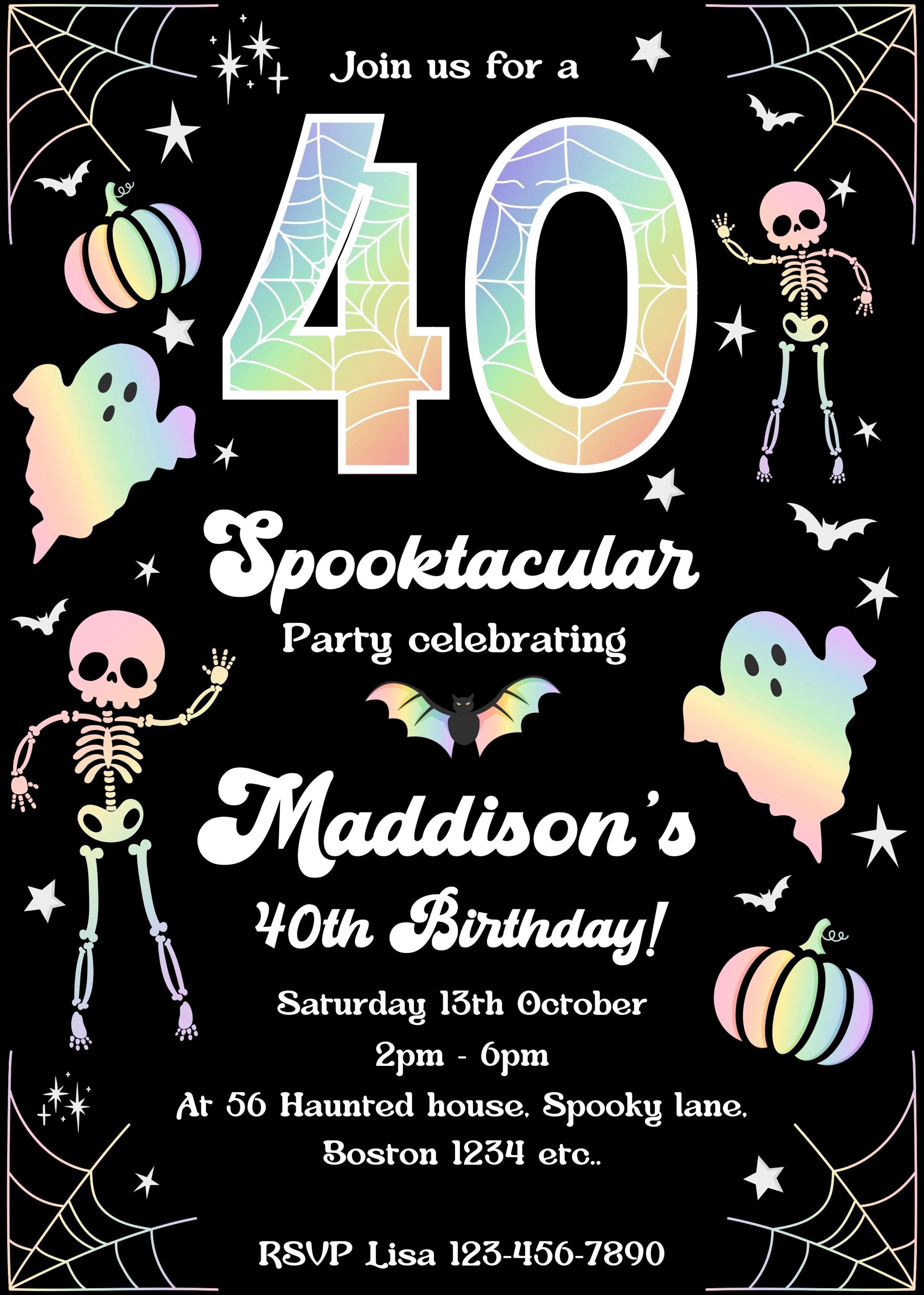 Printable Halloween 40th Birthday Invitation Holographic Rainbow Spooky ...