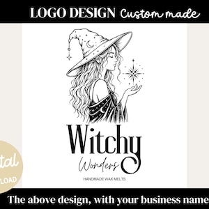 Peut inclure: Un logo en noir et blanc représentant une personne portant un chapeau de sorcière à larges bords orné d'un croissant de lune et d'étoiles, tenant une étoile brillante. Le texte indique LOGO DESIGN Custom made, Witchy Wonders, HANDMADE WAX MELTS.