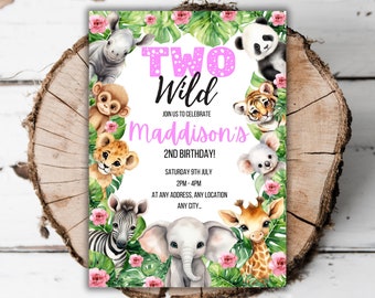 May include: A pink and white invitation with the text "Two Wild" and "Maddison's 2nd Birthday!" surrounded by jungle animals, including a zebra, giraffe, elephant, panda, monkey, lion, and tiger. The invitation also includes the date and time of the party.