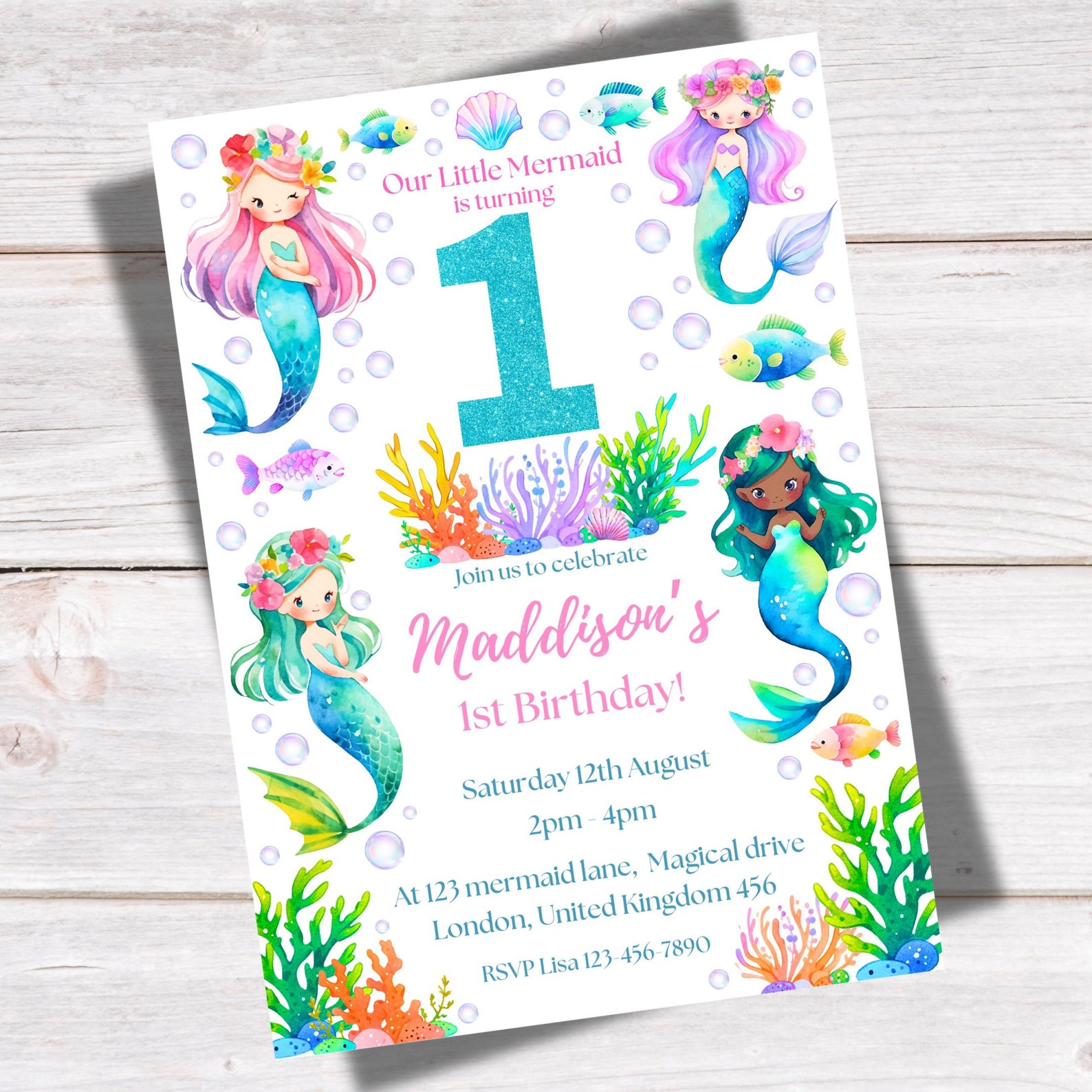 Printable Mermaid 1st Birthday Invitation Girls Tropical Under the Sea ...