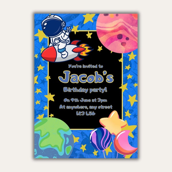 Outer space astronaut birthday invitation printable Space ranger planets party invite editable Colourful space rocket alien party invite