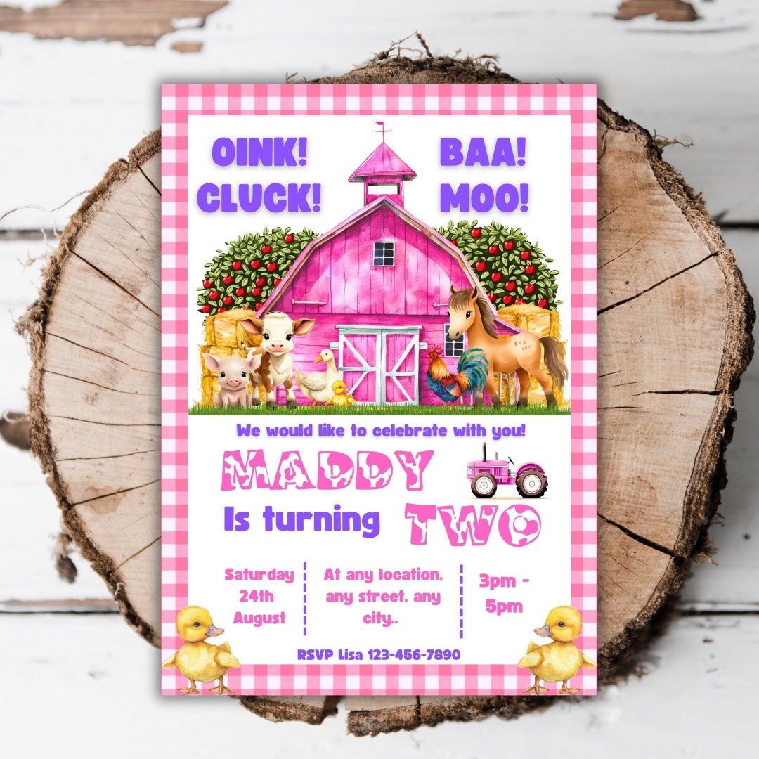 Printable Pink Farm Birthday Party Invitation Barnyard Animals Editable ...