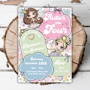 May include: A whimsical birthday invitation with a fairy theme. The invitation features illustrations of fairies, stars, and floral elements. Text includes "Flutter into Four," "Maddison's 4th Birthday," and event details.