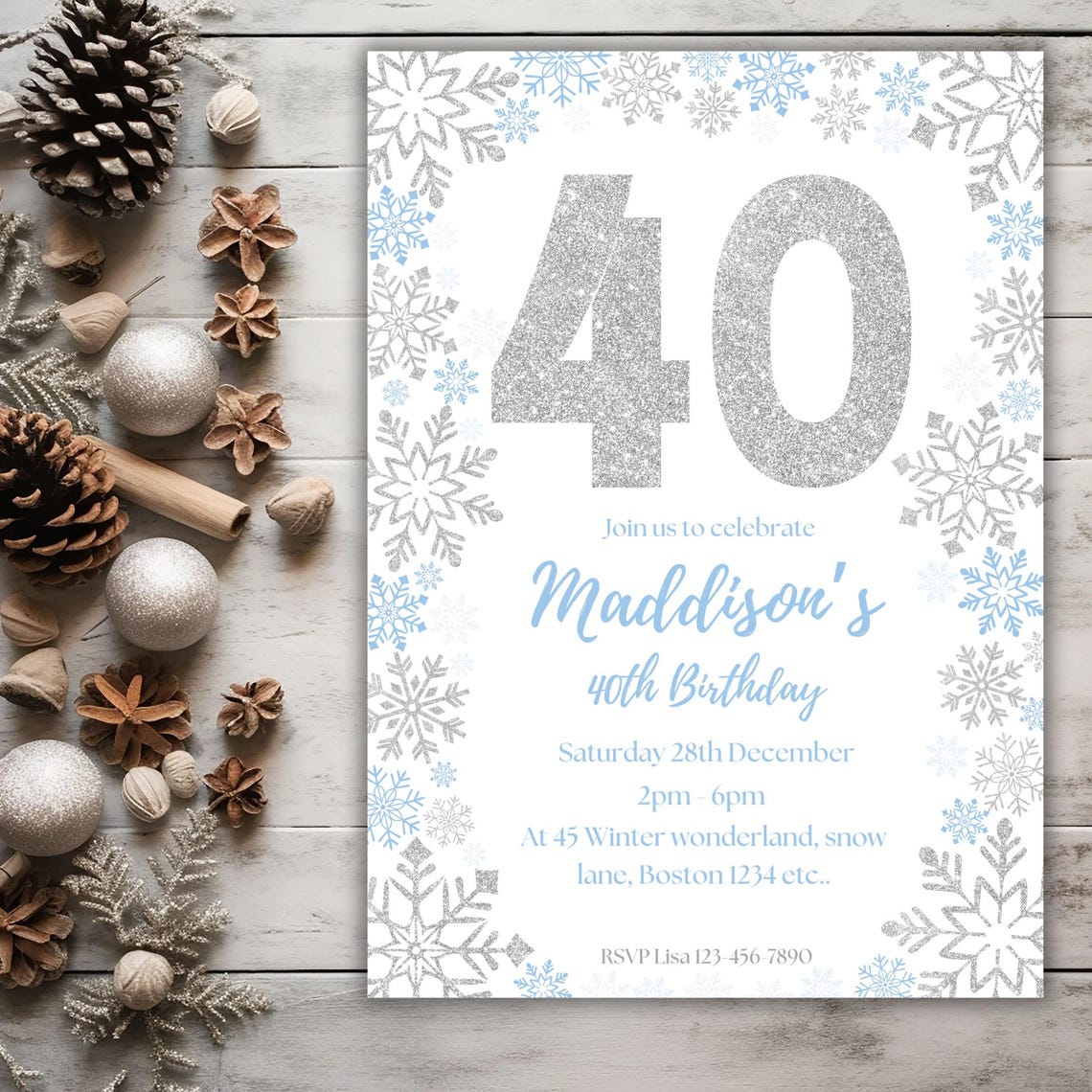 Printable Snowflake 40th Birthday Invitation Winter Wonderland Editable ...