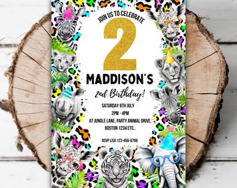 Invitación para el segundo cumpleaños de animales de fiesta imprimible con estampado de leopardo y arcoíris, plantilla editable para cumpleaños de safari salvaje que cumple dos años en la jungla, para Evita K8