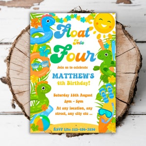 May include: A colourful invitation for a 4th birthday party with a summer theme. The invitation features a cartoon sun, a pool float, and a dinosaur. The text reads "Float Into Four" and "Matthew's 4th Birthday!" with the date and time of the party.