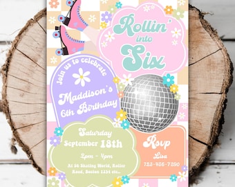 Afdrukbare pastel rolschaatsen meisjes 6e verjaardag uitnodiging rolschaatsen bewerkbare Retro Groovy Rolling into 6 Sixth Evite sjabloon K3