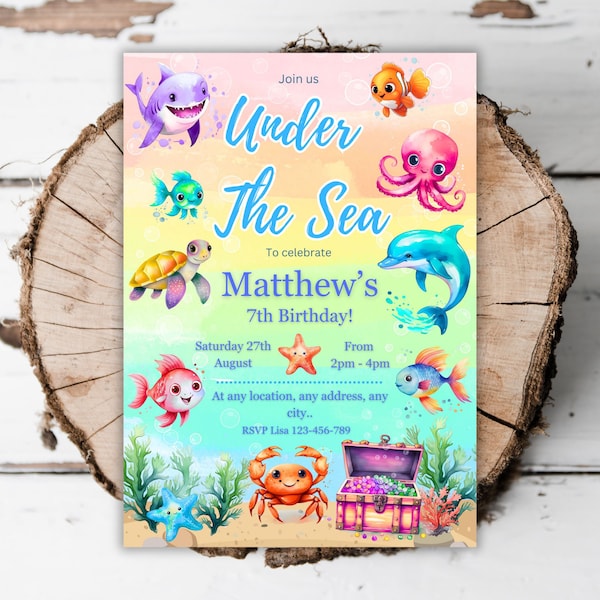 Printable Colourful Under The Sea birthday party invitation ocean evite template editable shark dolphin turtle starfish rainbow invite