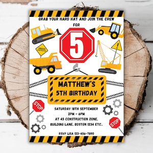 May include: A construction-themed birthday invitation with yellow and black hazard stripes. The invitation features construction vehicles, the number 5 in a red stop sign, and the text "MATTHEW'S 5TH BIRTHDAY". The invitation includes event details.
